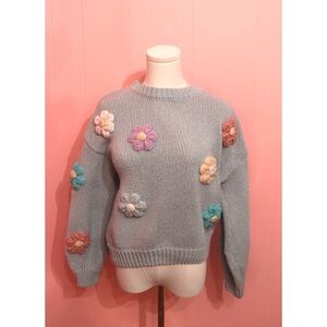 Floral Embellished Blue Sweater